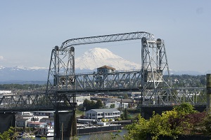 Image of Mt Rainier as seen through the Murray Morgan Bridge