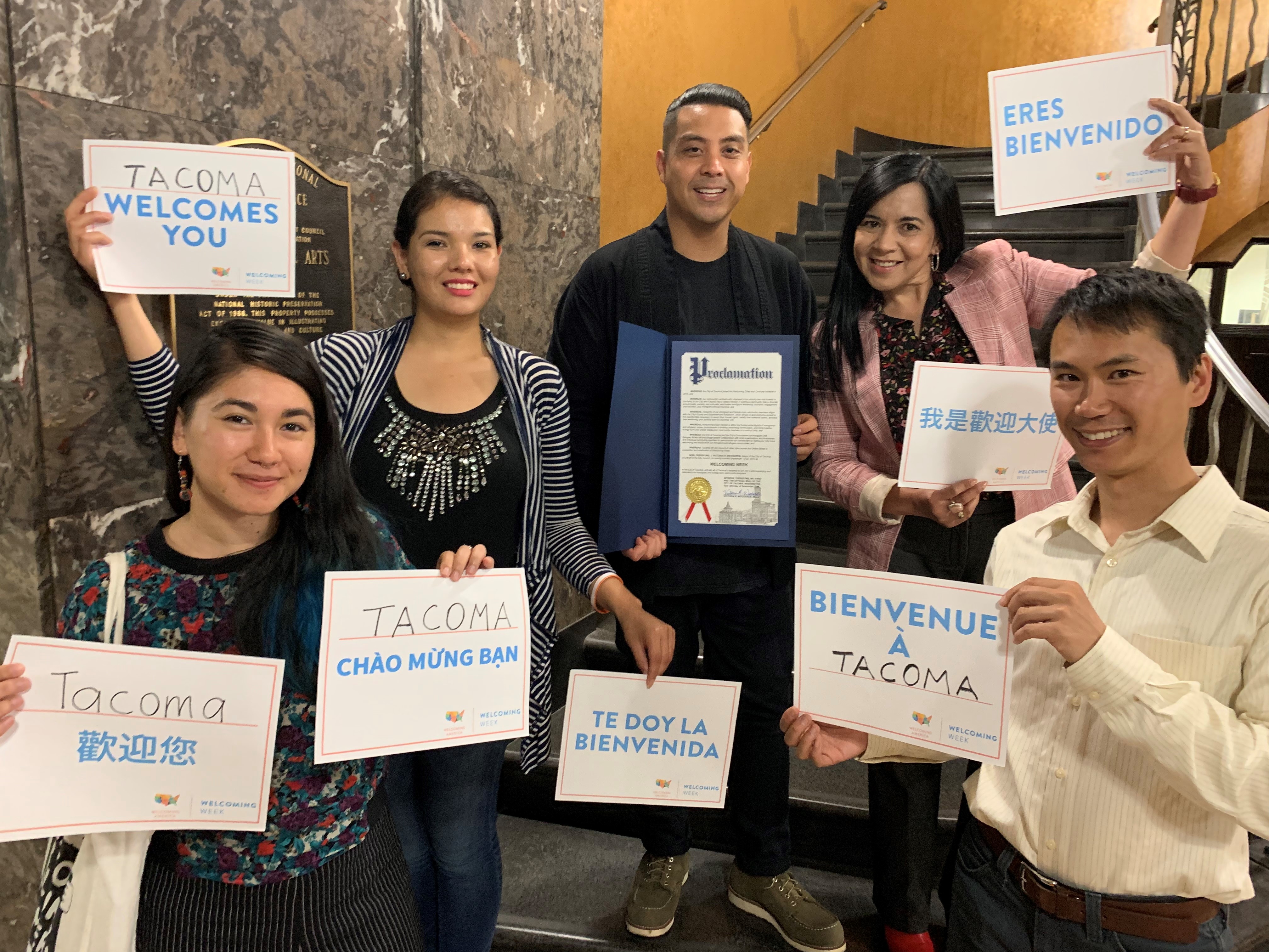 CIRA Commissioners celebrating Tacoma's 2019 Welcoming Week. Left to right: Saiyare Refaei, Alma Vargas, Jason Gamboa, Perla Gamboa, and Jefferson Mok.